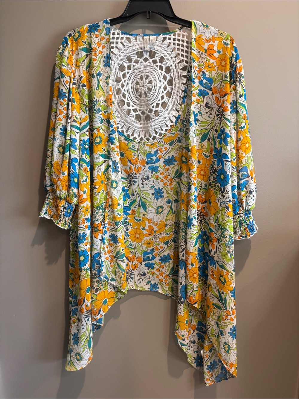 Floral Open-Front Women’s Kimono Cardigan - Yellow & Blue
